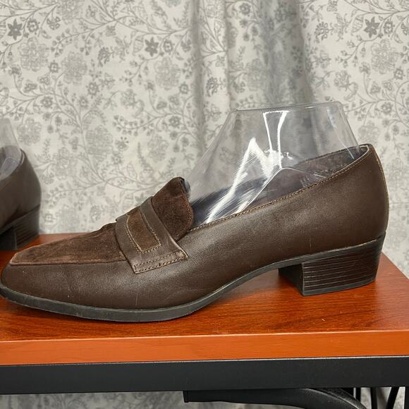 Vintage Brown Suede Loafers 8M Y2K Block Heel Preppy Office Academia old money - Picture 5 of 8